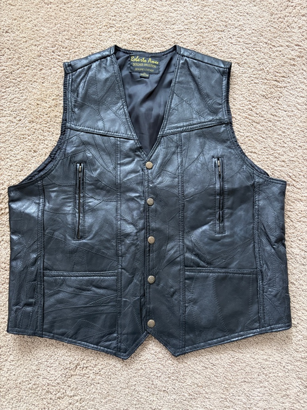 Men’s Leather snap front patchwork vest with zip and slip pockets XL